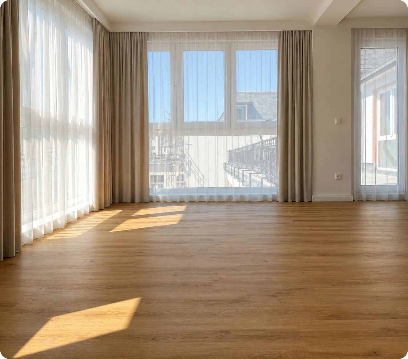 Wohnzimmer mit Vorhängen und Dielenboden